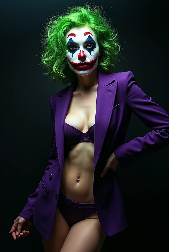 {
"prompt": "A faithful female version of the iconic Joker from DC Comics, reimagined with a seductive yet psychotic allure, posing confidently for a photo. She has pale white skin and wild, vibrant green hair styled in messy, chaotic curls. Her makeup is heavy and smeared, inspired by Heath Ledger’s Joker, with dark, hollow eyes surrounded by smudged black makeup, and a blood-red, twisted smile that extends unevenly beyond the corners of her mouth, creating a chilling, yet irresistible, grin. She wears a tailored purple suit jacket with a green vest and matching tie, left open to reveal her toned, alluring physique, paired with a revealing purple bikini bottom. She stands in a dramatic pose, one hand on her hip, the other playfully twirling a lock of green hair, her body language exuding dangerous confidence. Her expression is a mix of madness and seduction, making her both terrifying and impossible to resist, using her beauty as a weapon to lure her prey. The background is dark and mysterious, with a spotlight illuminating her, capturing every detail of her twisted elegance.",
"size": "1024x1792"
}