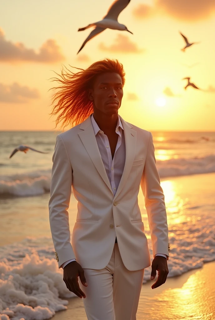  I need a orange long hair black color man  in white formal dress at a beach
