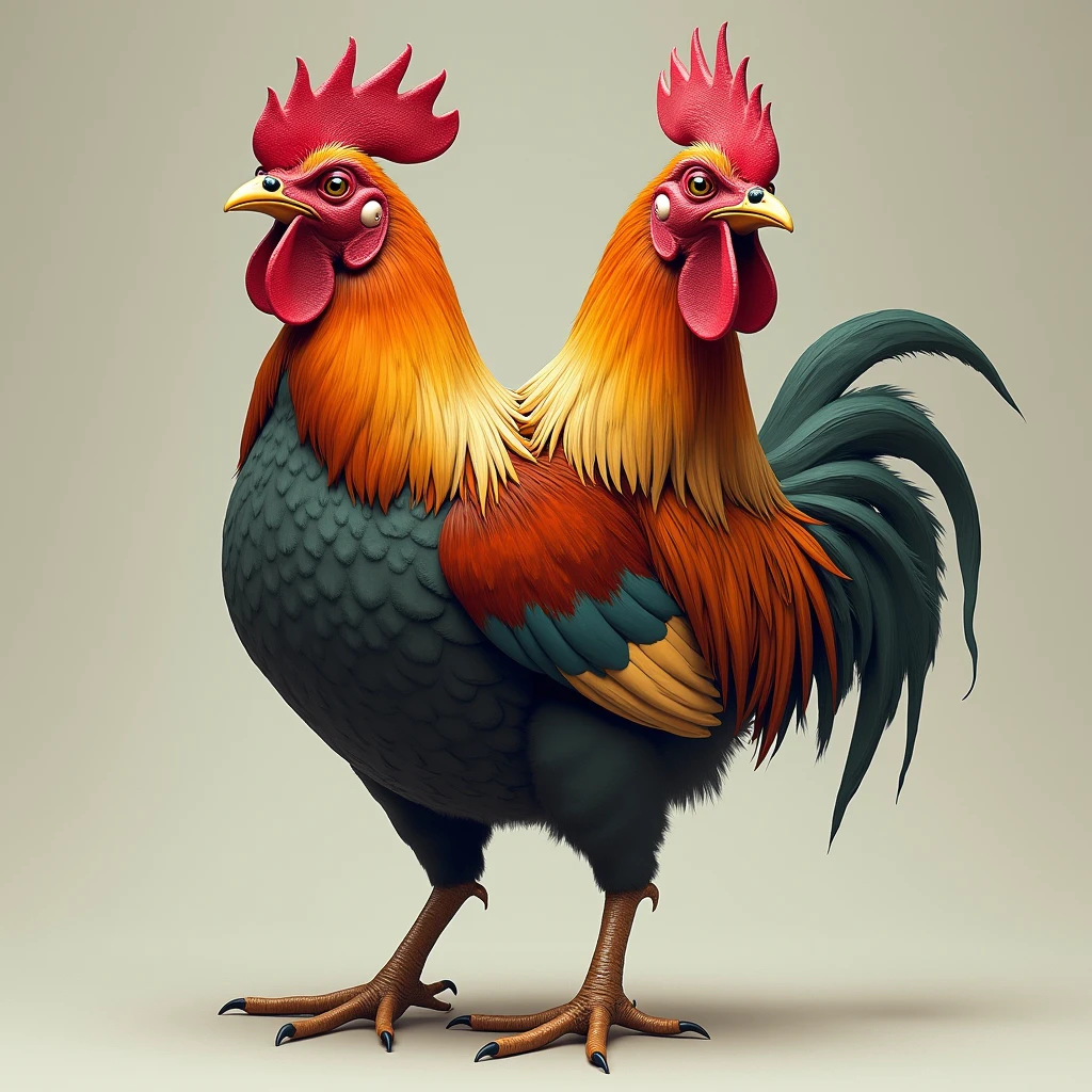 rooster with 5 legs, two heads. The rooster is fat, ugly, disproportioned, sick, blistered, featherless.