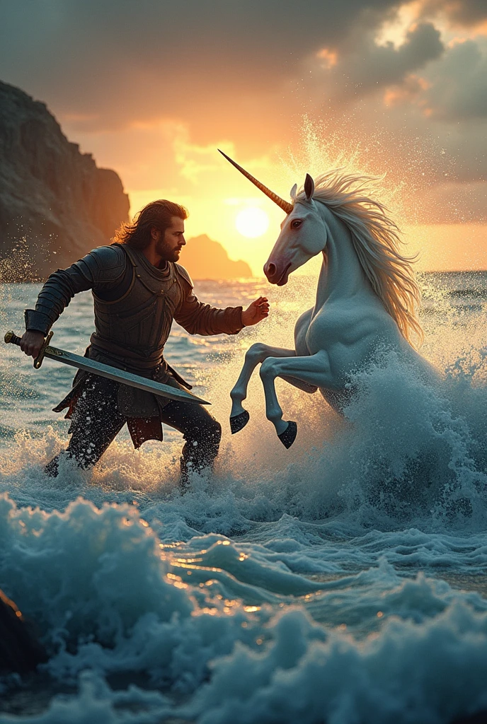 Man fighting a unicorn in the sea accompanied by a levitan