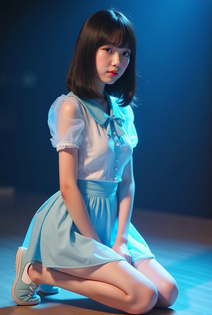 Long shot profile portrait photo of a beautiful cute girl, black medium straight hair, Japanese junior idol, neat and clean face, 50mm portrait, peformimg on single stage lighting, Top: light blue sweet collar, front button closure, (see through:1.5), light blue solid skirt and Matching Bow Tie, blue and white shoe, sitting, wide spread legs, panty shot, Panty crotch cloth pressed hard against the dildo and inserted into the vagina,