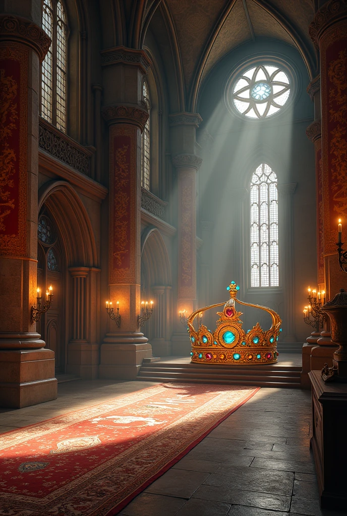 Medieval fantasy background in a hall with a gem-encrusted crown. With the Calithea text in large size 