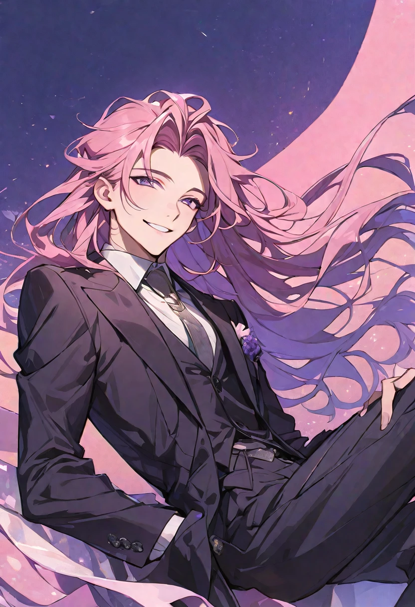 solo, handsome, 1 male, pink flowy hair, long hair, smiling sweetly, dark purple eyes, aesthetic background, wearing a suit