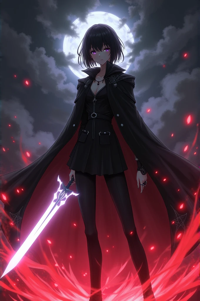 anime character with black hair and light eyes and a black cape, hold white sword, and red aura