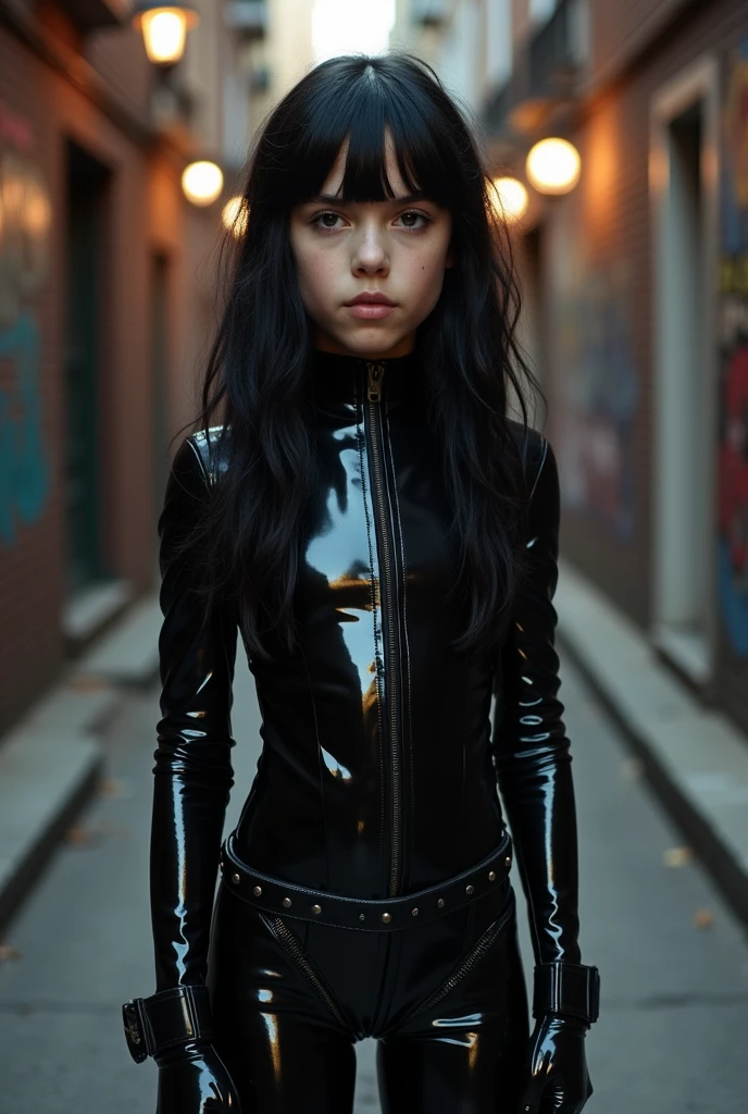 White girl, approximately 10 years old, athletic, gothic style, with tight latex clothes in a realistic photo style