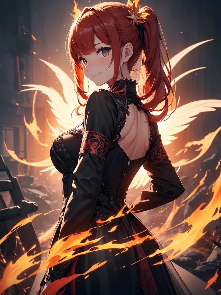 (((best quality, sharp image, clear image, cinematic lighting, 8k resolution, masterpiece, ultra detailed, intricate))) Girl, (((looking over left shoulder))), (shot from behind), ((shot from hip up)), fiery red hair, pigtails, ((intricate black dress)), ((flaming sigils, flaming runes)), spiky rock formations, (flaming lotus flowers frame), (intricate background), ((Phoenix)), (swirling flames), smiling