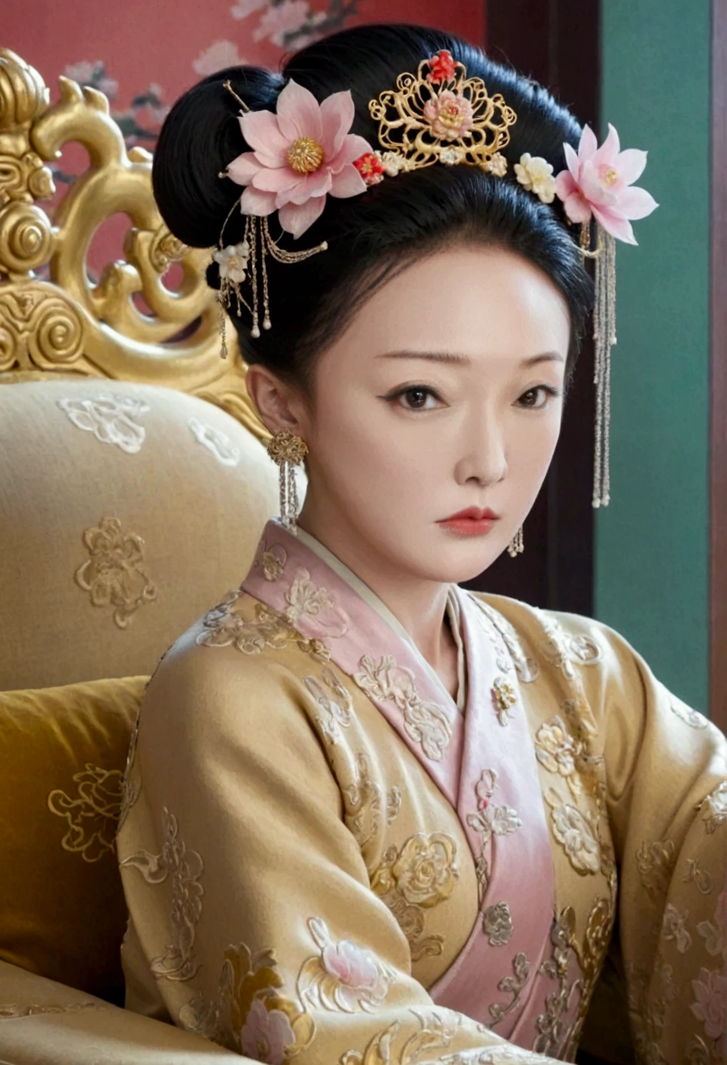 The naked front or seen appearance of a luxurious Empress from the Qing Dynasty of China, sitting on a large golden sofa., Large breasts and a pornographic pose, her hair tied on both sides、A beautiful hairpin and flower ornament, the Empress of China、Hair tied in the back, a perverted and erotic female background、The setting is the luxurious room of the Empress in the Qing Dynasty palace of China。.。