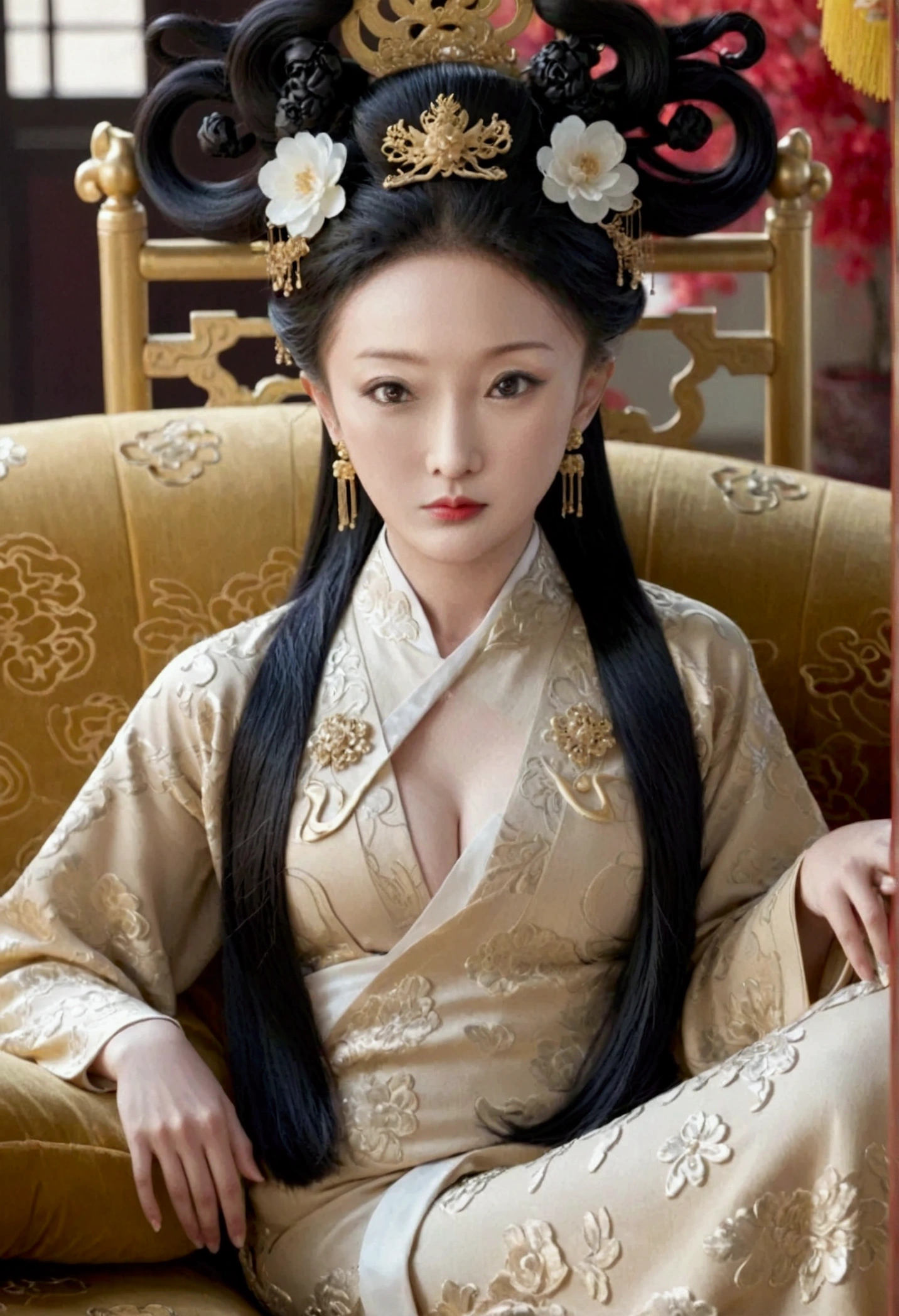 The naked front or seen appearance of a luxurious Empress from the Qing Dynasty of China, sitting on a large golden sofa., Large breasts and a pornographic pose, her hair tied on both sides、A beautiful hairpin and flower ornament, the Empress of China、Hair tied in the back, a perverted and erotic female background、The setting is the luxurious room of the Empress in the Qing Dynasty palace of China。.。