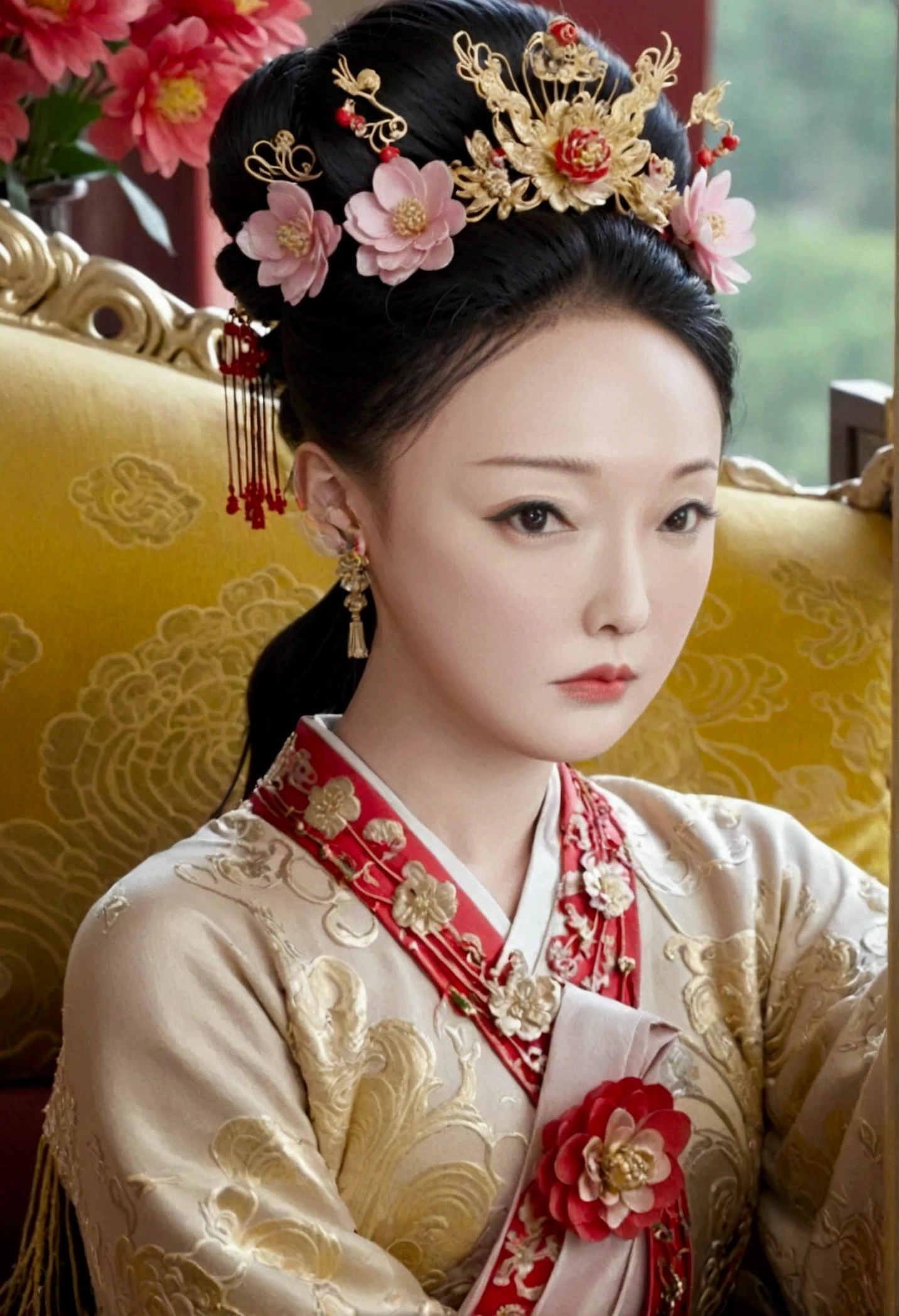 The naked front or seen appearance of a luxurious Empress from the Qing Dynasty of China, sitting on a large golden sofa., Large breasts and a pornographic pose, her hair tied on both sides、A beautiful hairpin and flower ornament, the Empress of China、Hair tied in the back, a perverted and erotic female background、The setting is the luxurious room of the Empress in the Qing Dynasty palace of China。.。