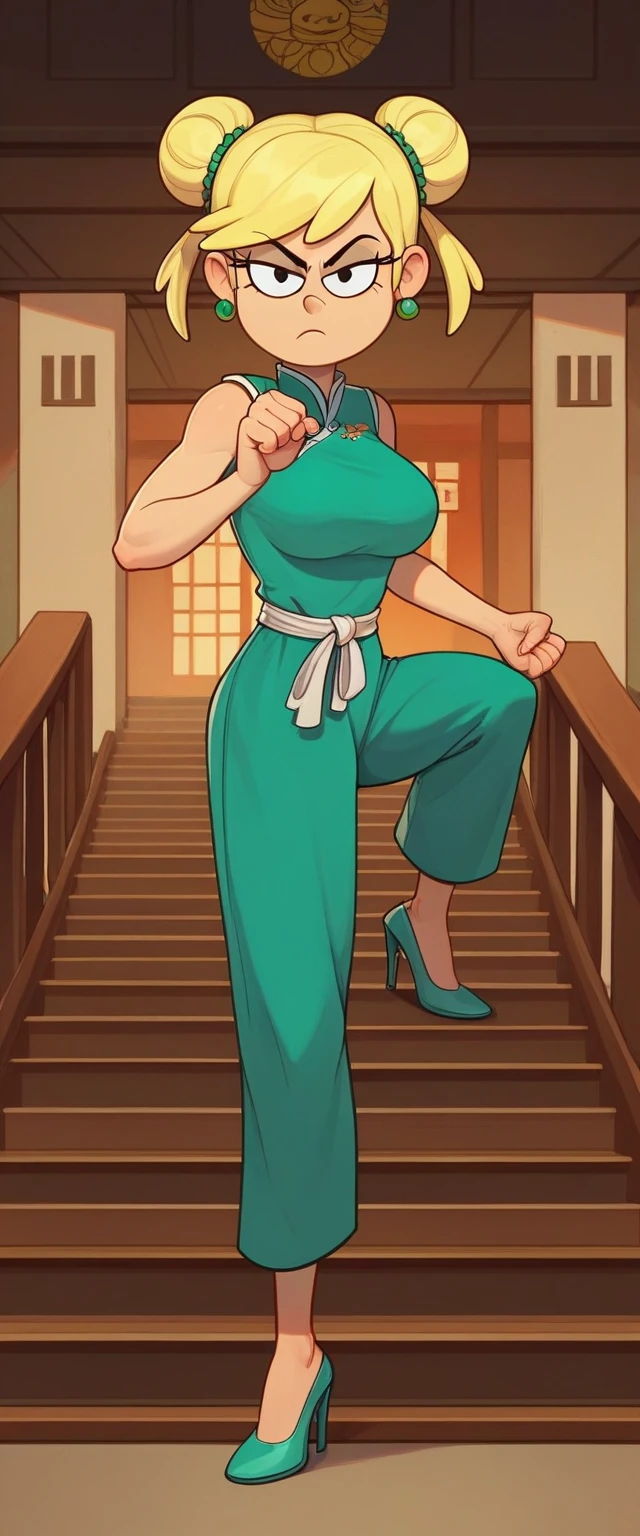 leni loud, 1girl, solo, 24yo girl, large breasts, green cheongsam,  inside of a chinese temple, looking at viewer, blonde hair, two hair buns , hands  score_9, score_8_up, score_7_up, high heels, teep fighting stance,martial arts, stairs behind her, guarding the stairs