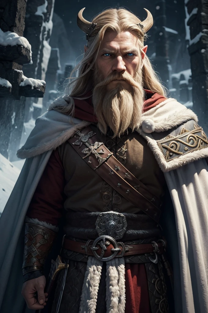 (master piece), 8k, best quality, viking, norse viking outfit, santa claus hood and cape, big white beard, pointy ears, blue eyes, detailed face, dynamic pose, cinematic lighting, epic fantasy, dramatic atmosphere, intricate details, vivid colors, photorealistic