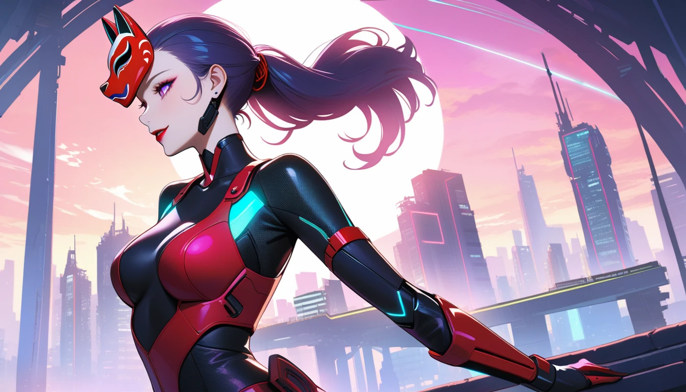 In a dystopian cyberpunk cityscape bathed in neon hues and moonlit shadows, a cyborg female ninja stands out as a stark silhouette. Her face is obscured by an ancient Inari fox mask, adorned with vibrant red lines on a white background, as she hurtles forward at breakneck speed. The wooden mask's intricate details seem to glow with a soft luminescence in the pale moonlight, while her lean, athletic physique appears to be propelled by some unseen force. The city's towering skyscrapers loom behind her, a testament to humanity's fleeting grasp on innovation and progress. A sensual profile with a crazy smile on her dark red lips., masterpiece, incredibly absurd resolution, absolutely resolution, ultra high resolution, 