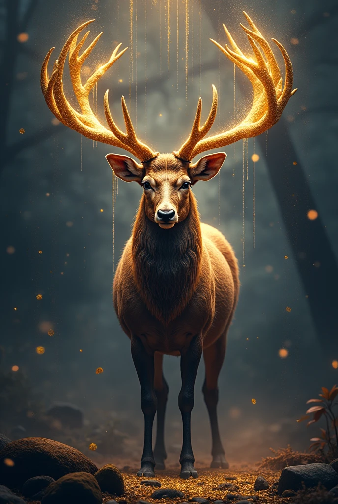 A stag facing forward,Fantastic Fantasy,Glowing in gold,Moody Color,Golden glitter background Money is pouring down