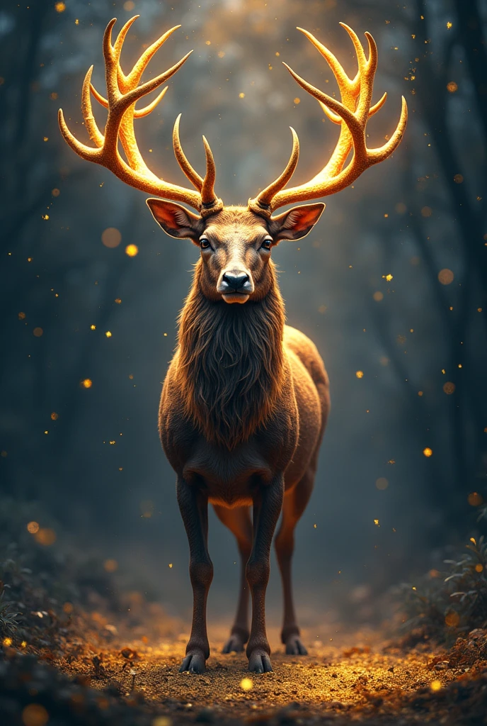 A stag facing forward,Fantastic Fantasy,Glowing in gold,Moody Color,Golden glitter background Money is pouring down