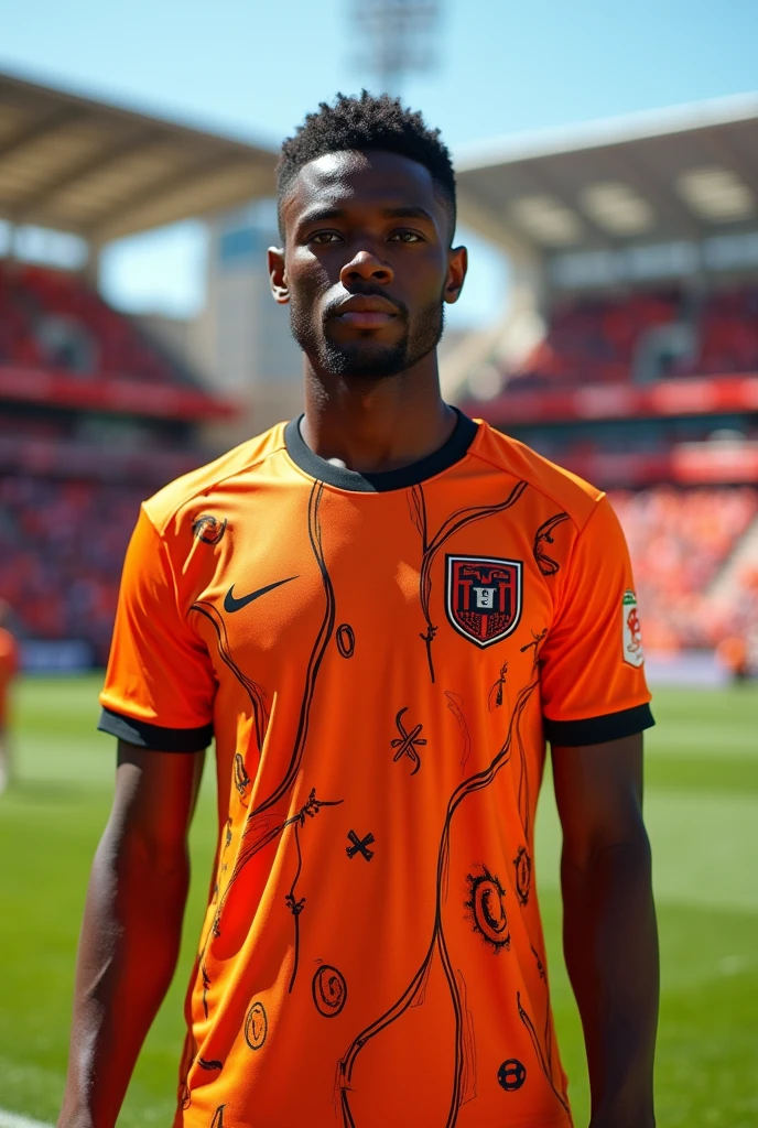 Orange jersey with abstract black details and the initials FEP on the chest with a logo