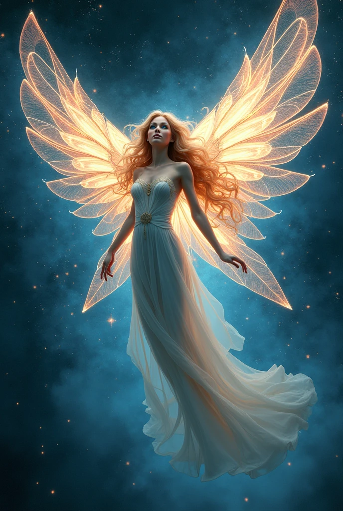 The celestial beauty of iridescent wings and radiating light, Swirling galaxy and space dust in the background. Inspired by Art Nouveau, Her appearance is graceful and elegant, Flowing lines and organic shapes evoke the beauty of the natural world.A face is visible from the front、with beautiful blue eyes, the body is floating in the air
