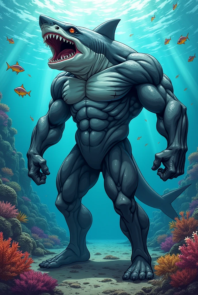 Muscular Anthropomorphic Shark, dark gray and gray skin tone. Big body. 