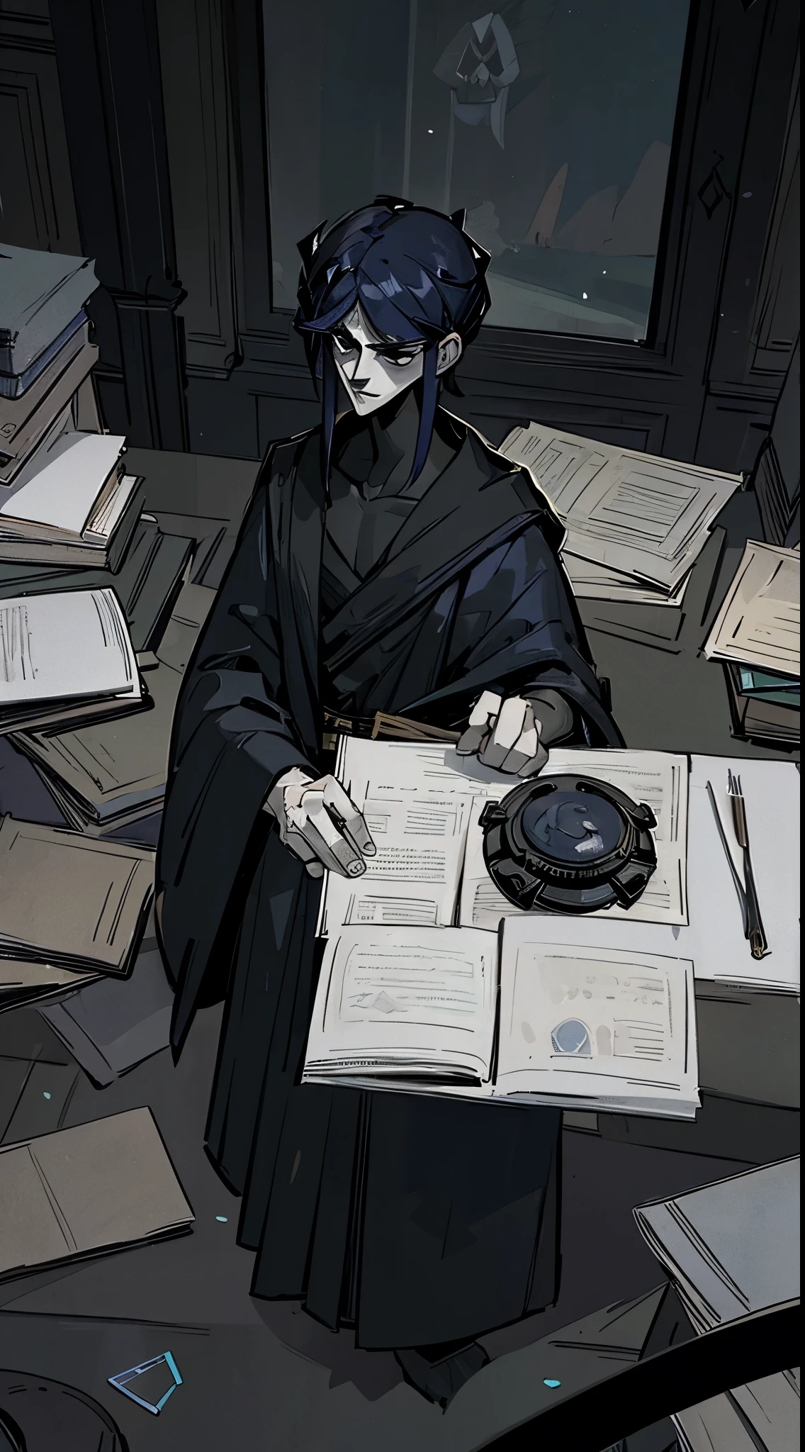 (Best quality,masterpiece:1.3), Art\(Illustration\), season\(winter\), cold colors,indoors, day, furniture, from above,unnatural light, ominous ambiance, portrait, 1man, 1guy, 25 years, alone, solo, lonely, black hair, short hair, black eyes, neat face, insister sur le visage, well detailed face, well lit face, cheveux noirs, thin figure, very skinny man, black costume, black tuxedo, costume ????, classy outfit, black clothes, lazy man, tired person, neutral expression, hands in pockets, hades style, hades game, simplistic style, simplistic anime, greek themed image, greek background, thanatos character inspiration, athena character inspiration, patroclus character inspiration, orpheus character inspiration, hecate hades character inspiration, moros character inspiration, icarus hades character inspiration, tartarus scenery, desk in the foreground, messy piles of paper on the desk, fumes, greek columns in background, greek architecture, bureau scene, gray background, grey background, grey themed image, gray themed image, black and white themed image, black furniture, white touches of color, looking at viewer, serious themed image, morbid atmosphere, obscure room, hades, game, wiki, concrete, winter, stars, glitters, light of particles, professional illustration, ultra-detailed, animation, official art, mains dans les poches, standing, nonchalant