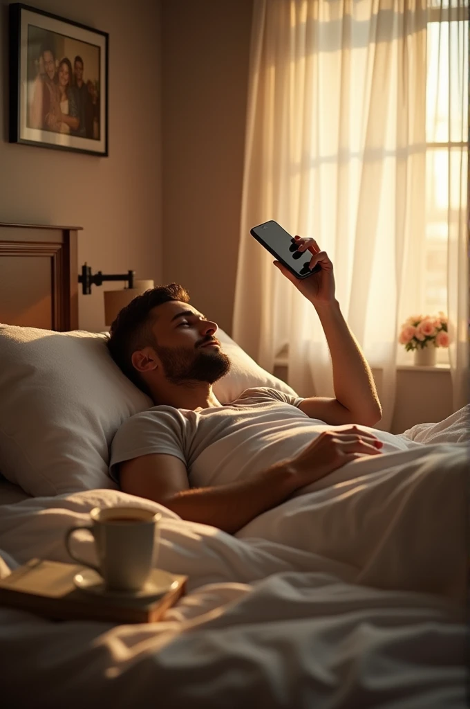 Man lying in his bed taking a picture with his cell phone