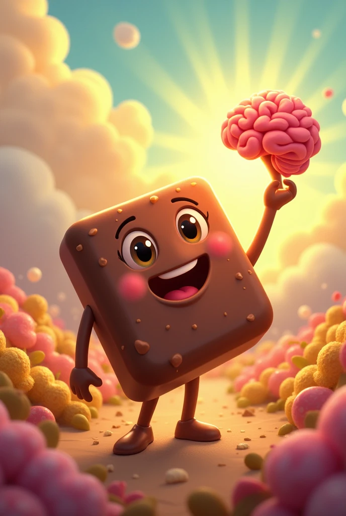 An animated chocolate square with a sun and holding a brain