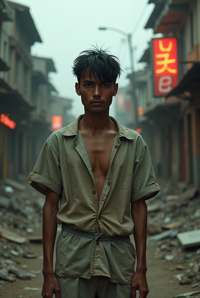 Dystopian future in a Colombian city where AIs win and there are few natural resources left. A 35-year-old Latin American HUMAN MAN, has brown eyes, long and angular face, short black hair, tez morena. He wears a worn, tight-fitting PAJAMA on his torso and legs that COVERS HIS SKIN. He has a devastated face, is very thin, and looks straight ahead.