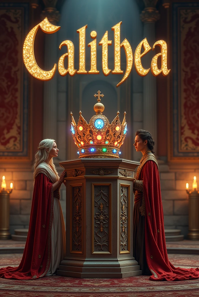 Medieval fantasy background in a hall with a gem-encrusted crown. With the Calithea text in large size