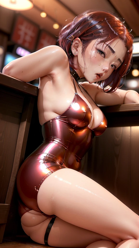 20-year-old women,,Clear images、Real women、Her bust size is a little larger than average, she has red hair, Short Bob Style、She is wearing a suit and a tight mini skirt。Wearing a one-piece dress。She wears shiny red high heels。
she、Drinking too much alcohol、Drunk and sitting back in the bar,
バーのカウンターに肘を付きながら、こちらを見つめている。
She's drunk quite a bit from drinking too much alcohol。
Staring at the person next to you with half-open eyes and mouth.。

