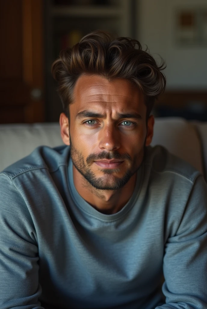 brown man, face perfect, Square jaw, blue colored eyes , puts on clothes sitting on the sofa tired