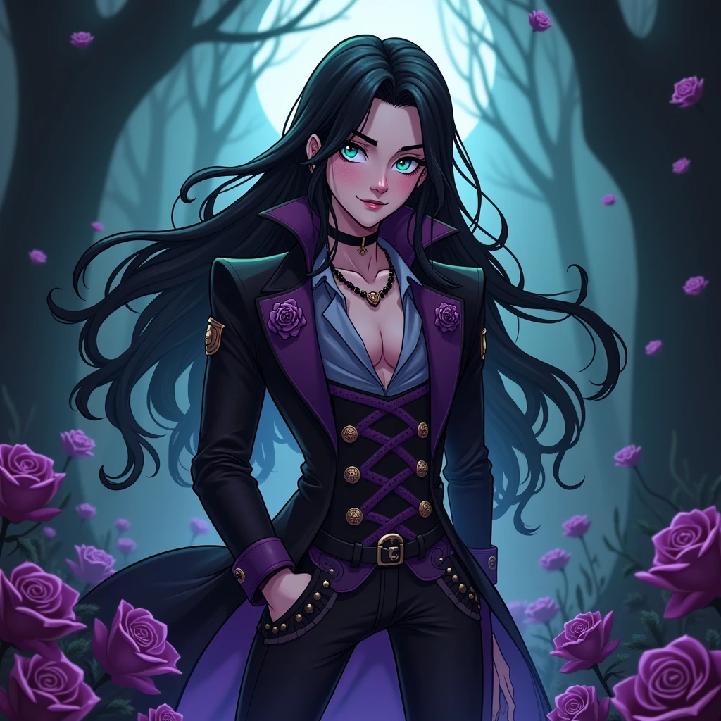 Male, sexy, long black hair, teal blue eyes, young, gothic clothes. delicate features, no facial hair, no body hair, seductive, white and pale. Roses. Purple and black. Long eyelashes. No facial hair. Man. Male. Smirking. No body or facial hair. Young male. Cartoon style. Male. Towering over the camera. Full body. Malicious. Sexy pose. Crossing his legs. 