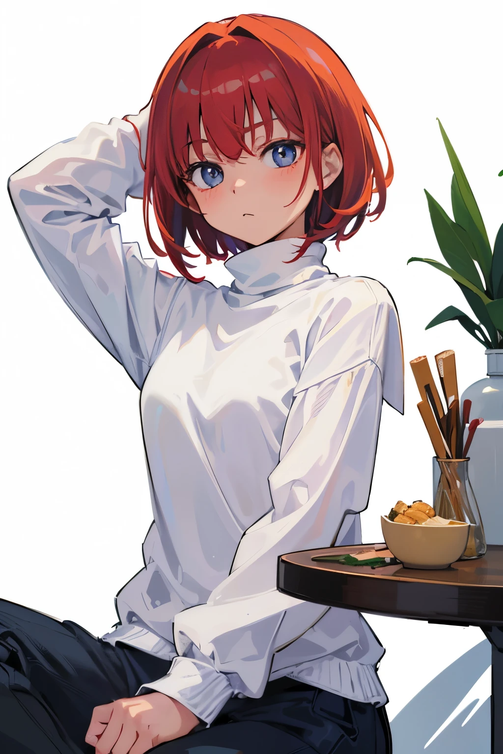 Highest quality, masterpiece, Kirie Light Mash, alone, One person, Iris, in white turtleneck shirt, (Little: 0.6), Bright redhead, Stickers, Emoji, cute, White Background, ((Make a dish))