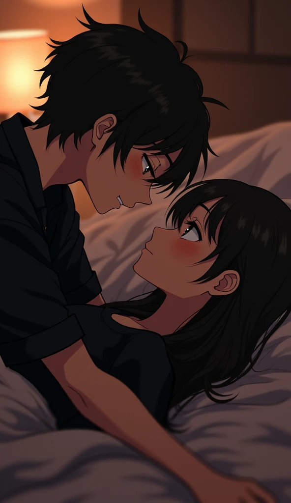 "A dimly lit room with an intimate atmosphere, featuring a 21-year-old thin anime boy and a thin girl both wearing a modern black shirt and both lying on a bed.  their faces close as they share a tender moment, with the boy who is upon the girl looking down at her with a mischievous smile showing his desire to have a sex with the girl. The room is filled with soft shadows, with a warm, subtle light highlighting their expressions, creating a cozy, romantic , sexy setting."