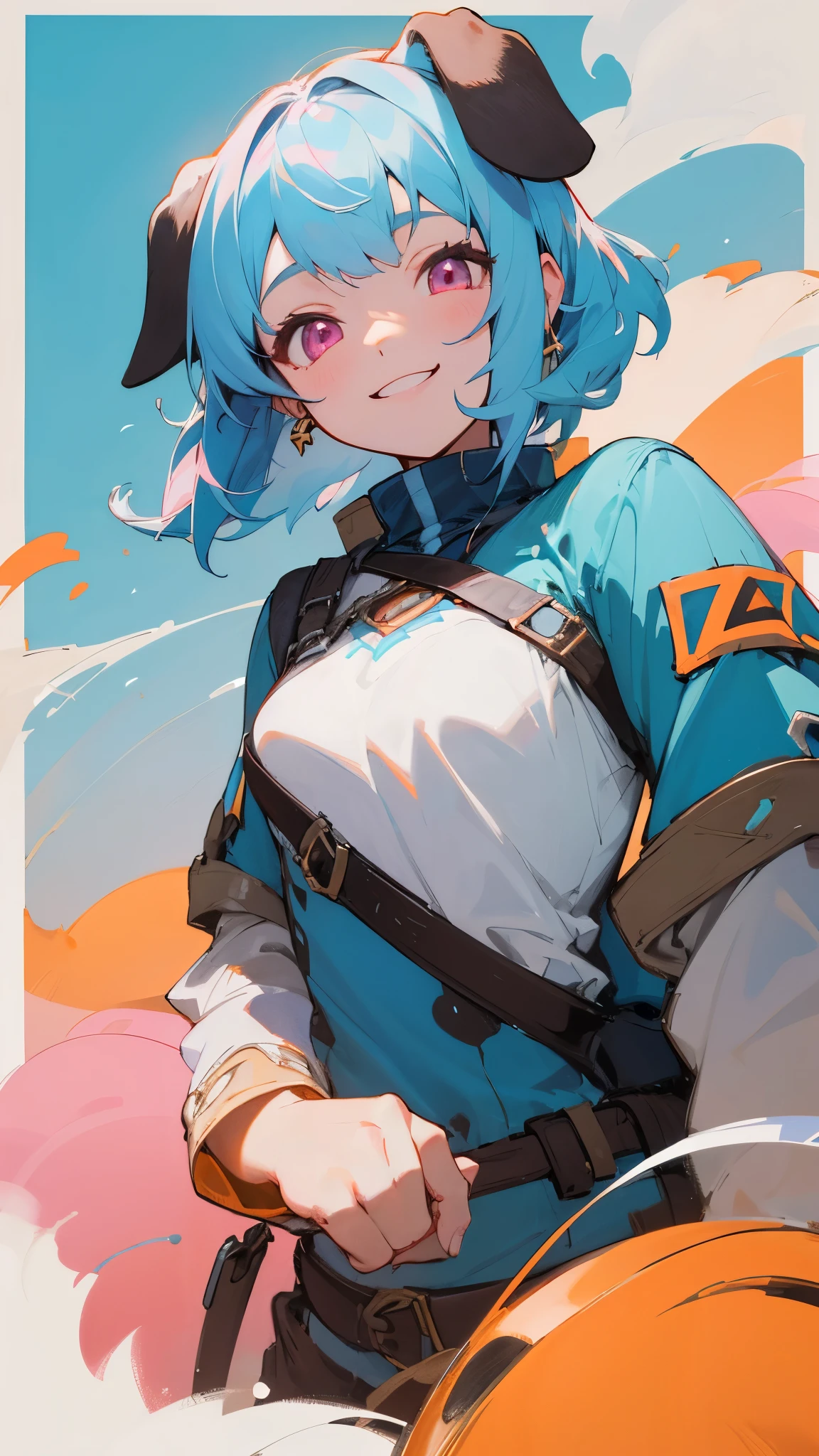 Portrait of one person、Girl、Riders jacket、Small breasts、Light blue hair、Dog Ears、Pink Eyes、smile, impression, (Oil), Blue and orange tones、Zelda Style