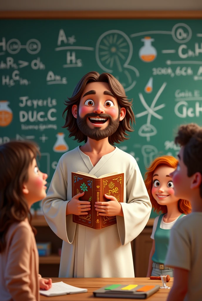 This image should be in the Disney Pixar style where Jesus is holding a Christian bible, with round and cute face, with several young children around smiling in a science lab. Behind them there is a blackboard and some chemical symbols This image should be 1080x1920 in size