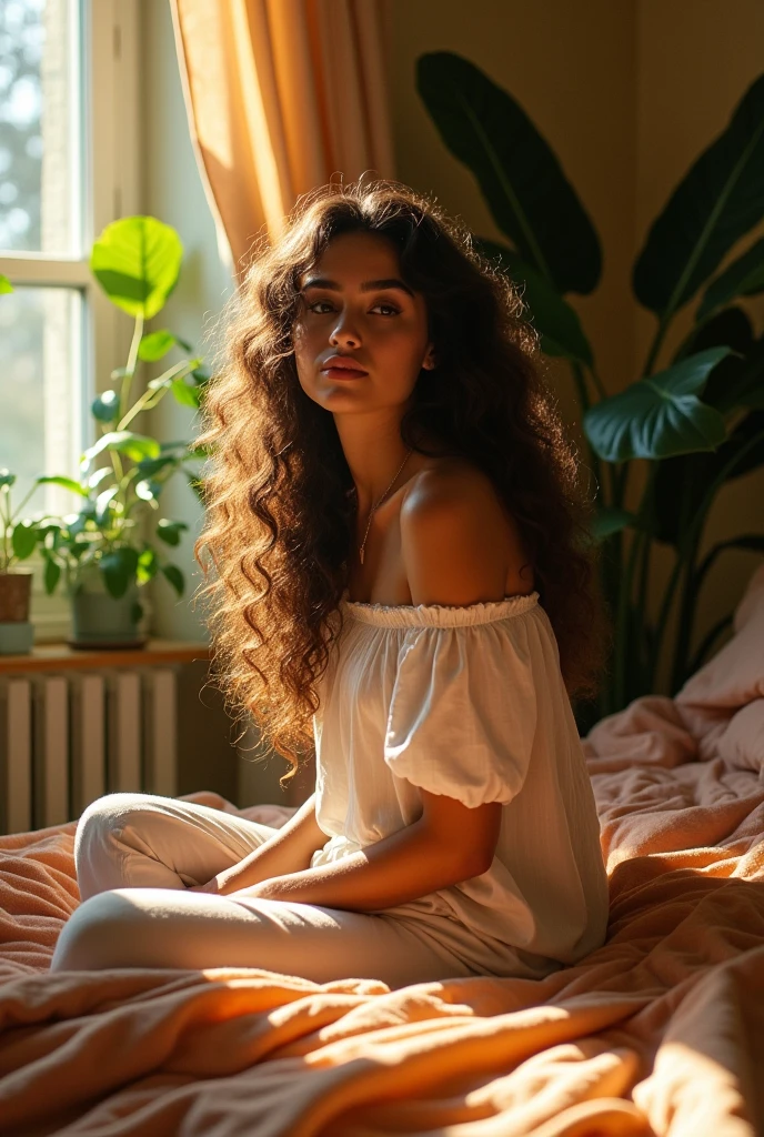 (photorealism:1.2), beautiful woman, sitting on bed, wearing loose off-shoulder top, pajama pants, long curly hair, indoors, soft lighting, plants in background, window with sunlight, cozy room, relaxed pose, realistic, intricate details, warm colors, by Greg Rutkowski, by Alphonse Mucha