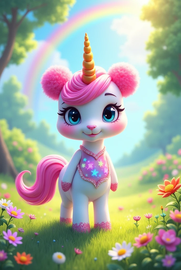  with white skin and pink hair in two pom-poms dressed as a unicorn with a colorful horn, white skin and pink mane
