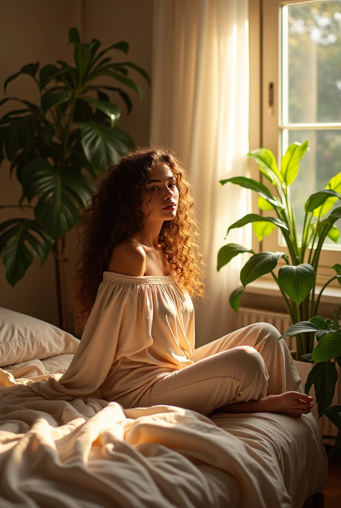 (photorealism:1.2), beautiful woman, sitting on bed, wearing loose off-shoulder top, pajama pants, long curly hair, indoors, soft lighting, plants in background, window with sunlight, cozy room, relaxed pose, realistic, intricate details, warm colors, by Greg Rutkowski, by Alphonse Mucha