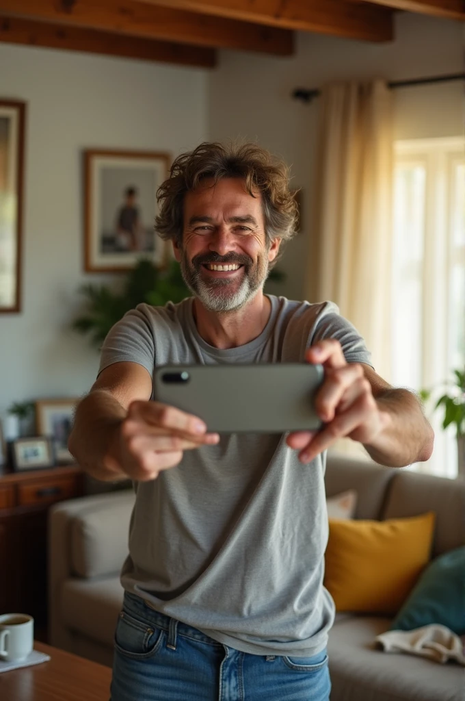 Man taking a selfie at home from his perspective 