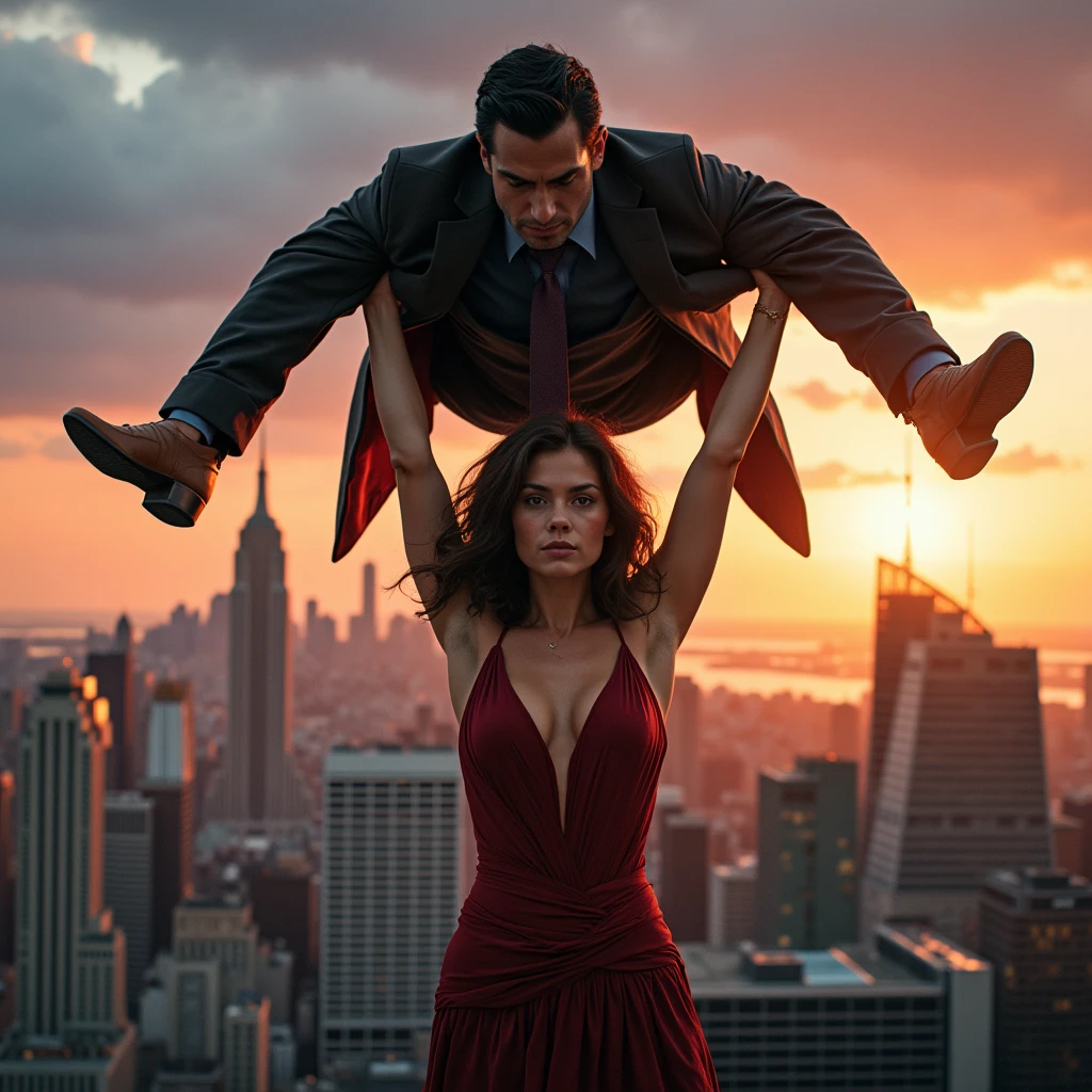 age Kristin Kreuk as Lana Lang lifting a large man high above her head with her strong arms. Photorealistic. Wide angle. City skyline in the background.