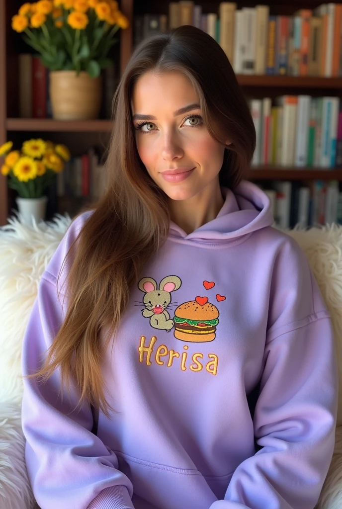 Crear en todo detalle de 3D una mujer hermosa cabella largo liso cafe claro ojos claros cafes este usando una sudadera y short morada lila que diga HerIsa y tenga una ratita y una hamburguesa y corazones anaranjados y verdes bordados en la sudadera con capucha y este sentada en un mueble peludito blanco y atras flores y libros en estantes y un rotulo que diga Team Herisa♡ Te Quiero♡