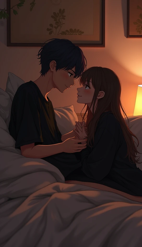 "create a full body image of A dimly lit room with an intimate atmosphere, featuring a 21-year-old thin anime boy and a thin girl both wearing a modern black shirt and both lying on a bed. their faces close as they share a tender moment, with the boy who is upon the girl looking down at her with a mischievous smile showing his desire to have a sex with the girl. The room is filled with soft shadows, with a warm, subtle light highlighting their expressions, creating a cozy, romantic , sexy setting."