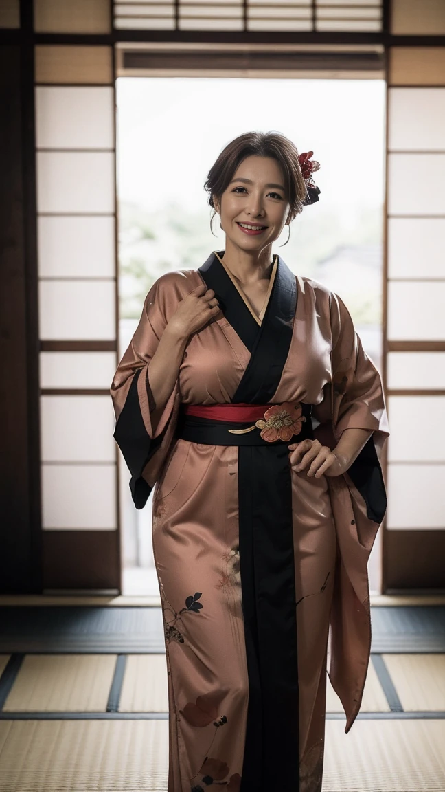 Mature attractive sexy woman,50 years old, ((kimono)),((vermilion))、(((kimono))),Shut,((Big Breasts:1.1)),(Facial wrinkles:1.3),light makeup,Light brown hair,Long Hair,(Full body photo:0.85),(Emphasize big buttocks),8k, RAW Photos, Highest quality, Laughter,masterpiece,Highest quality、A kind smile、A captivating gaze、Random Hairstyles、Japanese-style room、Shoji Screen、lanthanum、