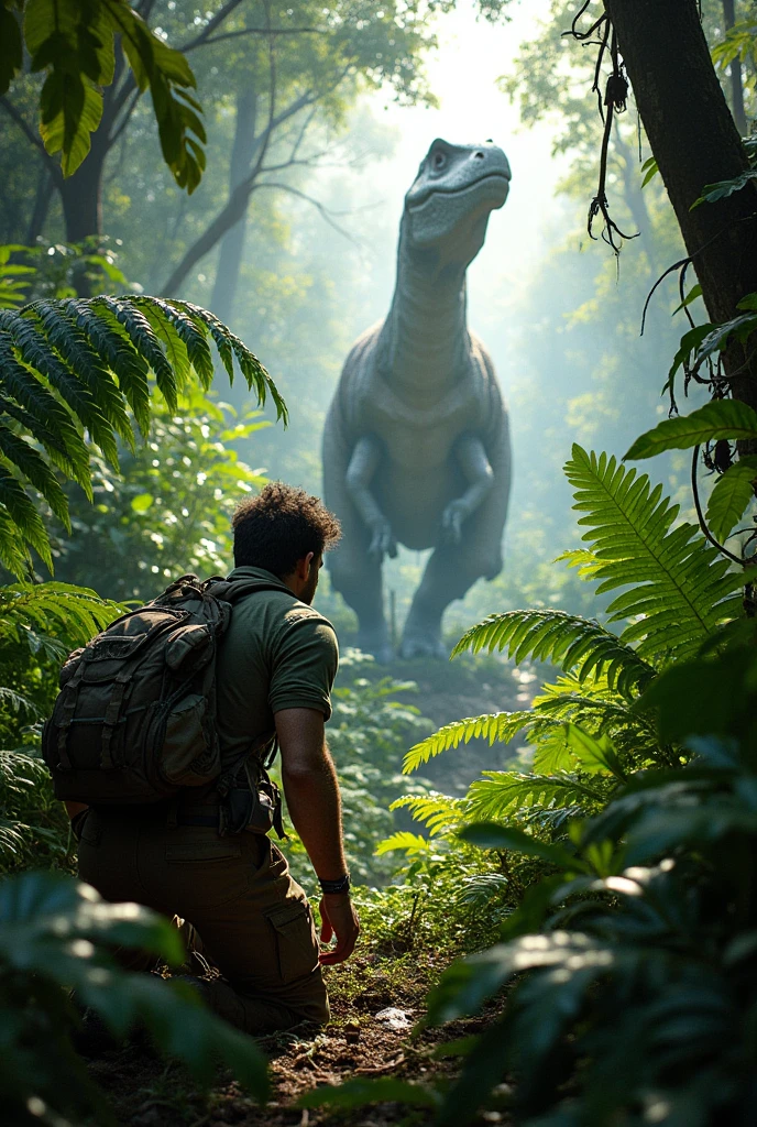 A human on Isla Nublar hiding from a Spinosaurus
