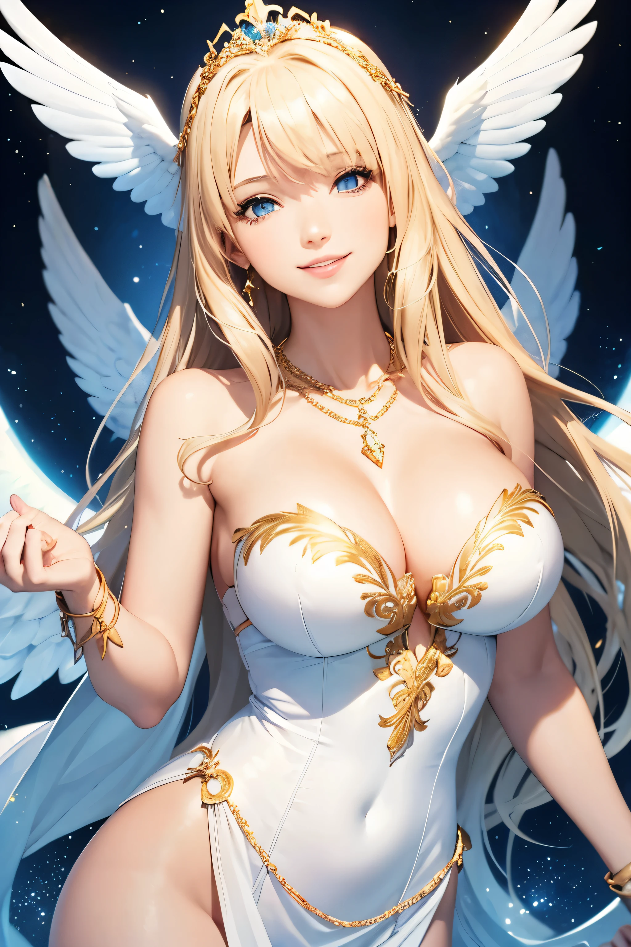 Woman, Blonde Hair, Blue Eyes, Large Breasts, Smile, White Sleeveless Dress, White Angel Wings Gold tiara, Gold Necklace with Blue Gems