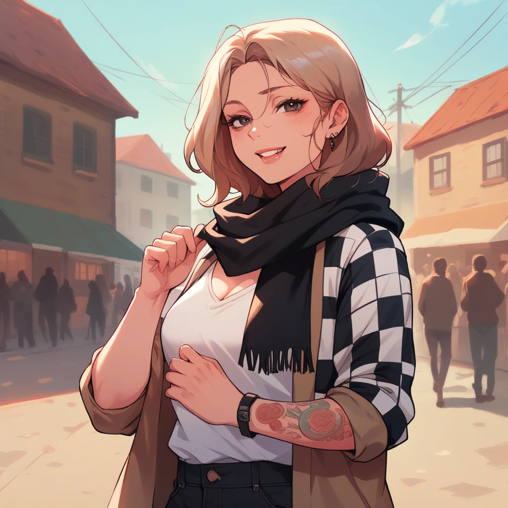 Woman with tattoos and beige checkered clothes, He wears a black scarf around his neck, She's in what looks like a neighborhood
