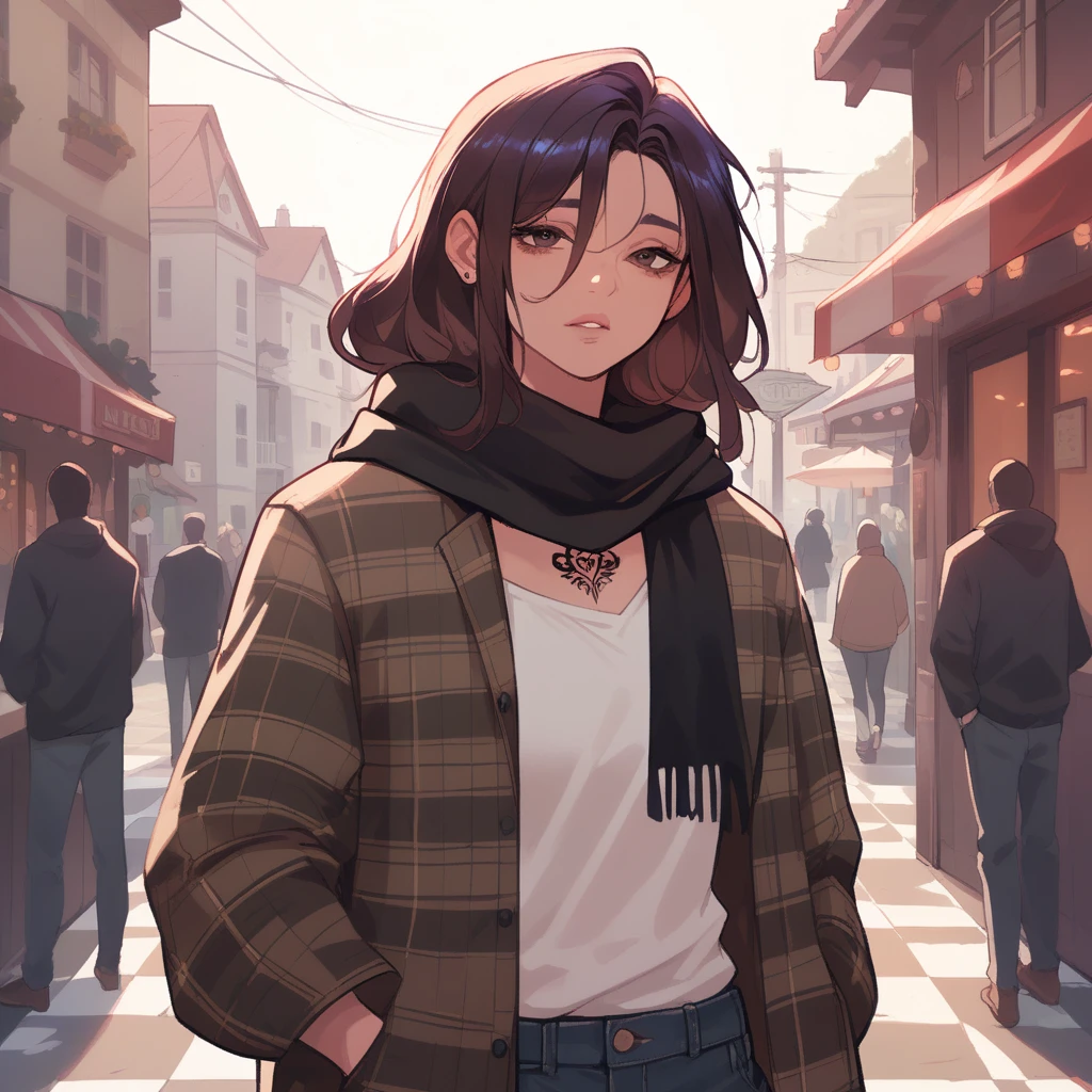 Woman with tattoos and beige checkered clothes, He wears a black scarf around his neck, She's in what looks like a neighborhood