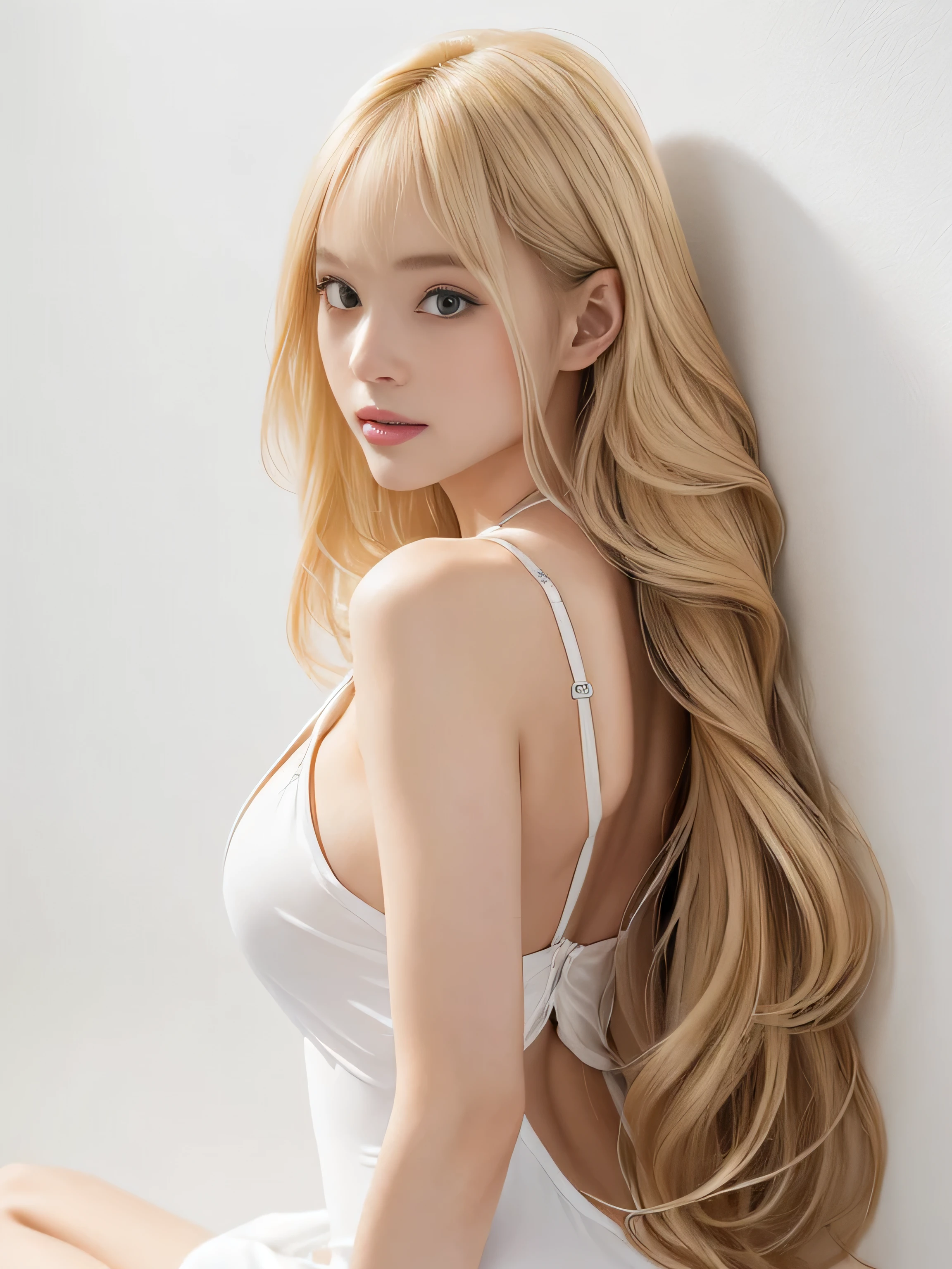 (White wall background:1.8. Upper body photo from the knees up) ((She is sitting in front of a white wall and posing with her back arched.:1.5 And a pose that shows as much hair as possible:1.6)) ((Her hair is blonde:1.5)) ((Her hair is very wavy:1.5)) (Sensual look and expression) (Large Breasts:2.0) ((24 year old French hair model)) ((Highest quality)), ((masterpiece)), (Get used to それ), Perfect face (1 person) Beautiful French woman's face, Characteristics of French faces ((Her hair color is the most beautiful blonde in the world!!!)) ((Her hair color is the most beautiful blonde in the world!!!)) ((Her hair color is the most beautiful blonde in the world!!!)) ((Her hair color is the most beautiful blonde in the world!!!)) ((Her bangs are neatly trimmed and straight down.:1.5 And it covers the forehead perfectly.:1.5)) ((She has beautiful blonde hair of the highest quality and detail.!!!!! Very long hair!!!!! Up to the ankle!!!!! Highest quality Attention to detail Up to the ankleの長い髪!!!!!、Very long hair!!!!! Abnormally long hair!!!!! Flowing Hair!!!!! Very shiny そして thick hair Abnormally long hair!!!!! Flowing Hair on both ends!!!!! Her hair is long, reaching down to her ankles.!!!!! Her hair reaches down to her ankles.!!!!! Thick and shiny hair Very free hair Abnormally long hair!!!!! Beautiful silky hair Beautiful and shiny hair Beautiful and shiny hair Beautiful silky hair Long hair Up to the ankle!!!!! Very very, Very long hair!!!!! Very very, Very long hair!!!!!)) (Highest quality The best ultra-fine Up to the ankleの長い髪!!!!!、Very long hair!!!!! It lasts forever!!!!! Flowing Hair Very shiny そして thick hair Abnormally long hair It lasts forever!!!!! Flowing Hair on both ends!!!!! Up to the ankleの長い髪!!!!! Up to the ankleの長い髪!!!!! Thick and shiny hair Very free hair Abnormally long hair!!!!! Beautiful silky hair Super long hair Up to the ankle!!!!! Beautiful and shiny hair Beautiful and shiny hair Beautiful silky hair Up to the ankleの長さの髪 Very veryVery long hair!!!!! Very veryVery long hair!!!!!)) ((She is wearing a black bra with lots of lace.... She is wearing black panties with lots of lace....)) (She is looking at the viewer with a very happy expression..:1.3) ((She is 24 years old and French...'The most sensual and beautiful hair model. Or a lingerie model)) (Received a sensual make-up treatment by a professional make-up artist..... Exquisite texture:1.4 Bright red lipstick!!! Beautiful black eyeliner) Perfect Female'face (Her face is dignified そして sexy) (Perfect double eyelids) ((Her eyebrows are very thin:1.8)) Perfect Female'face ((Her face has the characteristics of a French woman.!!!)) (Her face shape is thinner than average:1.8) (Her eyes are larger than average:1.8 Her nose is higher than average:1.8) (She has a fuller figure than the average French woman....:1.5) (Her skin is a typical Caucasian complexion....) (Her skin is very high quality and super high resolution Her skin is beautiful and radiant) ((Rich 1.4)) (Extremely detailed 8K) (Ultra-fine skin texture 1.4) (current, Vibrant:1.4), Sharp focus:1.2、Beautiful woman:1.4 Dynamic Lighting (Genuine RAW photos taken by professional photographers) (Surreal photos by professional photographers :1.2)