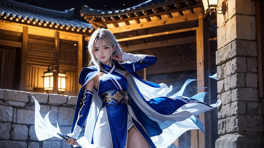 climbing a temple wall South korea ninja women mystery hooded on with modern royal Blue coat with long and wide sleeves with buttons and royal Blue cape and very high white heel over the knee and white gloves, As she reveals a small secret hidden blade coming from his palm , adding to the character's mysterious and agile appearance, with small movements of air on the cape,, in summer at night under the rain,medieval south korea house. sophisticated and highly detailed, ultra hd, realistic, hyper detailed, enhanced colours, ultra sharp focus, with vibrant, rich in details High quality, gorgeous, captivating, 8k, super detailed, stunning shadows, detailed lines, ready to make a murder