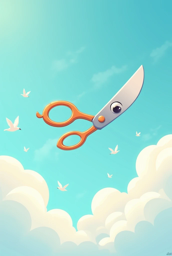 A minimalist cartoon flying scissor