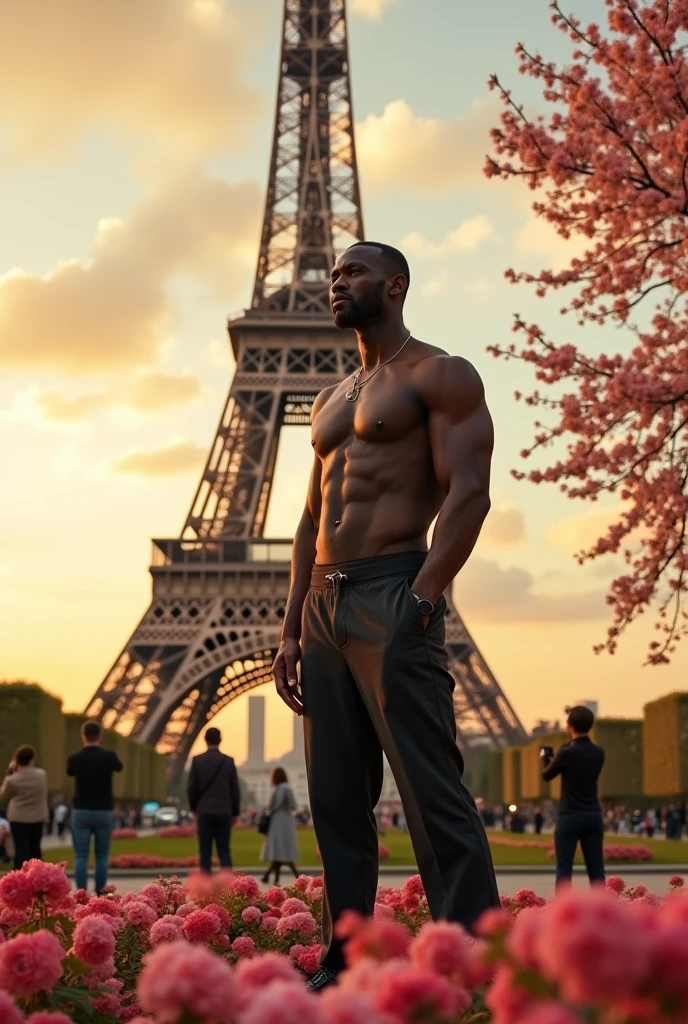 A black Chinese man who is 3 meters tall next to the Eiffel Tower