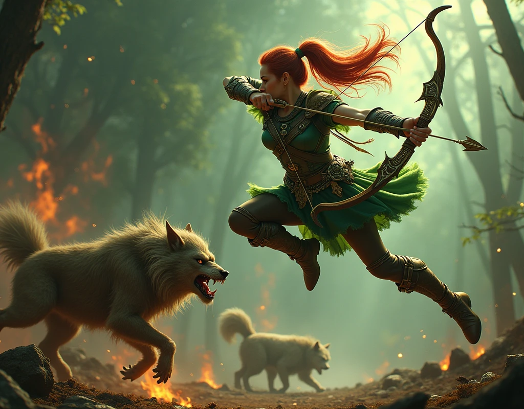 Cinematic 75mm Epic fantasy art from above and behind a druidic archer girl with flowing red hair tied into a large pony tail. Wielding a bow and arrow. She is dressed in leather and fur with metalic brass accents. She is leaping through the air, mystical green light trailing behind her giving her a godly powerful aura. A cracking golden light adorns the tip of her arrow in flight. she takes aim at a furry gnoll warrior who is gnashing sharp fangs dripping with saliva from the ground. The backdrop is a war-torn battlefield of burning trees and shattered ground. Animals are fleeing. The woman is dressed in meticulously detailed leathers and furs that appear both battle-worn and mystical, with textures and patterns inspired by the the forest and divinity. The furs seem alive with magic energy, giving the impression that it is part of the world. They hold a grand, ornately designed longbow, which shines with muted, enchanting green light, its wood adorned with intricate engravings of futhark runes. Surrounding the woman is a dramatic war torn land: fierce fires blaze across dark, sprawling treelines, casting dynamic shadows and highlights. The ground below is rendered with lifelike craters, illuminated by sporadic flashes of spells and fire. The entire scene is bathed in a dramatic, celestial light, creating a striking contrast between the war’s chaos and the woman’s commanding serenity. The gnoll is vicious, teeth chipped and fur torn and scarred.